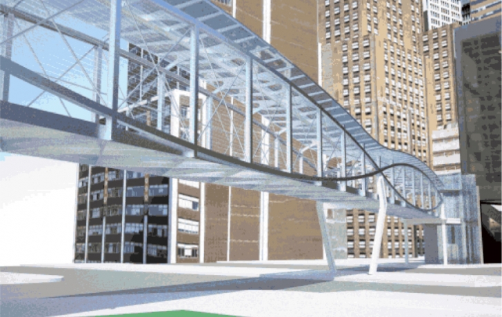 The walkway of the steel-and-concrete bridge will rise 18 feet above West Street. The bridge's two elevator shafts (one shown at far right) will be encased in fritted glass. Rendering: Economic Development Corp. The walkway of the steel-and-concrete bridge will rise 18 feet above West Street. The bridge's two elevator shafts (one shown at far right) will be encased in fritted glass. Rendering: Economic Development Corp.